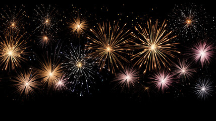 Fototapeta na wymiar Golden fireworks isolated layer on black background, night festive view abstract