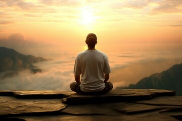 meditatiion sunrise man  yoga man guy male people relax flag view mountain hill relaxation meditate meditation to sit sitting spiritual sport activity india indian asia asian subcontinent - obrazy, fototapety, plakaty