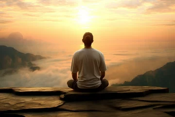 Foto op Canvas meditatiion sunrise man  yoga man guy male people relax flag view mountain hill relaxation meditate meditation to sit sitting spiritual sport activity india indian asia asian subcontinent © sandra