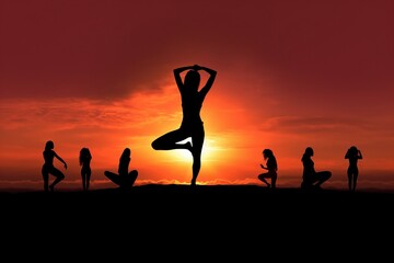 woman yoga beautiful silhouette  yoga silhouette meditation pose woman sunset healthy young female...