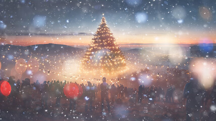 silhouettes of a group people in front of a decorated large Christmas tree on the square, new year holiday abstract background with snowfall