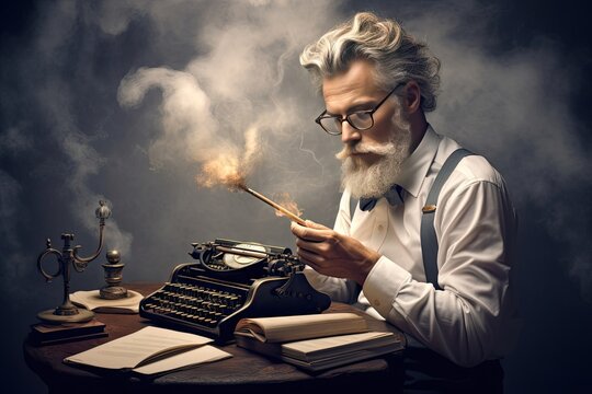 writer journalist pressman man business write bow tie fashion smoke pipe nerd goggles old typewriter work culture study strapped strap vintage beard retro style school photogenic paper letter text