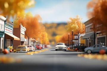 Obraz premium toy American downtown street view at sunny autumn morning. Neural network generated image. Not based on any actual scene.