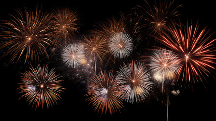Golden fireworks isolated layer on black background, night festive view abstract