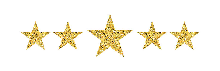 Golden glitter five-stars rating icon. Symbol of png 5 star where the middle star is big than other stars isolated on transparent background	