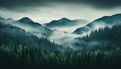 Green Mountains Rise Above Misty Forest Veiled in Fog