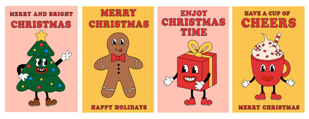 Merry Christmas Groovy Card Set. Christmas tree, Gingerbread Man, Gift Box, Cup in retro cartoon style. Greeting cards, template, posters, prints, party invitations and backgrounds. Vector flat.
