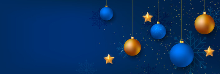 Christmas background. Christmas banner design with christmas decorations. Blue background template with text space. Vector illustration