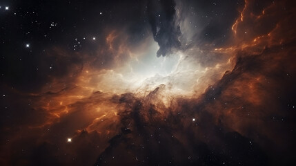 fantastic space nebula with glowing cosmic clouds on black background Neural network generated in May 2023. Not based on any actual scene or pattern.