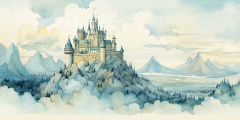 an illustration of a castle on a mountain, in the style of art nouveau organicity, generative AI