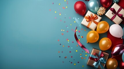 background new year, flat lay, ballon, gift box, luxury, colorfull background and copy space, generative ai