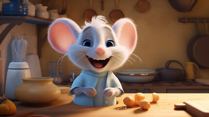 cute mouse who likes cooking. of course the food is always delicious. because he cooks with all his heart, it can be seen from his very happy face, animated background - obrazy, fototapety, plakaty