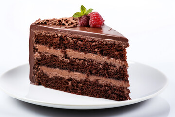 Slice of chocolate cake on white background