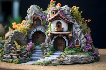 An enchanting stone fairy village in a hidden garden corner 
