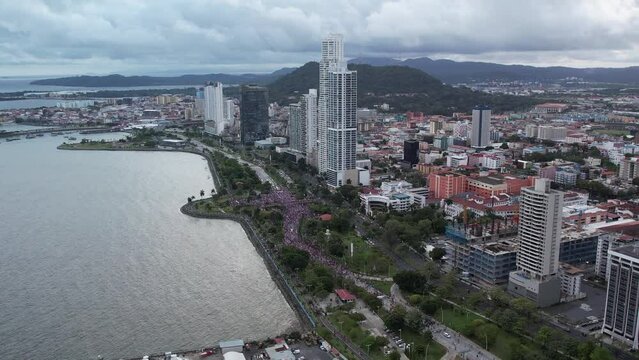 Aerial views from over the protests in Panama City Panama regarding the expansion of the copper mine