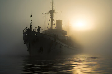 spectral ghost ship at foggy morning or evening. Neural network generated image. Not based on any actual person or scene.