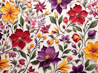 beautiful spring floral seamless patterns with flowers leaves purple and pink on white background. Hand draw