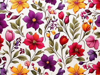 beautiful spring floral seamless patterns with flowers leaves purple and pink on white background. Hand draw