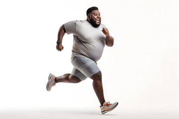 Overweight young adult African American man running on white background, concept of overweight and weight loss. Neural network generated image. Not based on any actual person or scene.