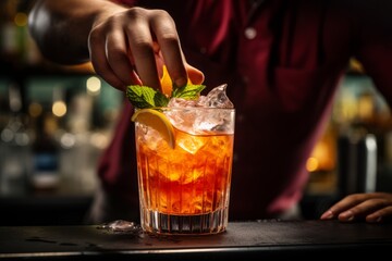 A close up of a bartender expertly mixing a vibrant rum punch cocktail, showcasing the artistry of drink preparation - obrazy, fototapety, plakaty