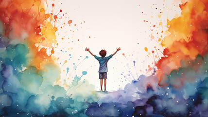 freedom of creativity watercolor multicolored silhouette of a person, creative idea colorful background, splashes of paint and ink happiness - obrazy, fototapety, plakaty