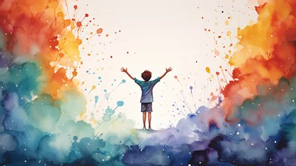 Fotobehang freedom of creativity watercolor multicolored silhouette of a person, creative idea colorful background, splashes of paint and ink happiness © kichigin19