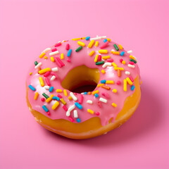 Pink donut with rainbow sprinkles and pink background. 