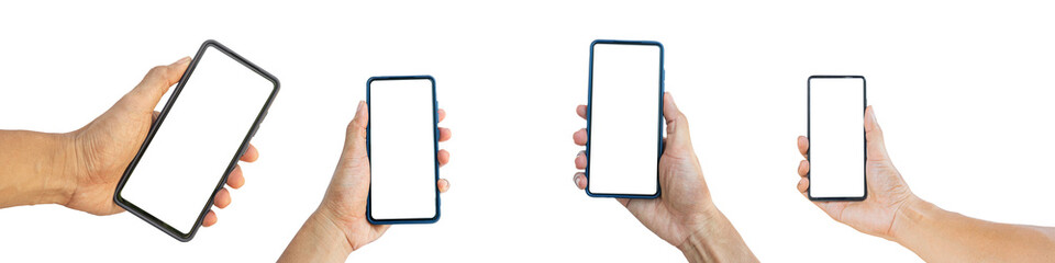 Set of man hand holding smartphone with blank screen isolated on white background with clipping path