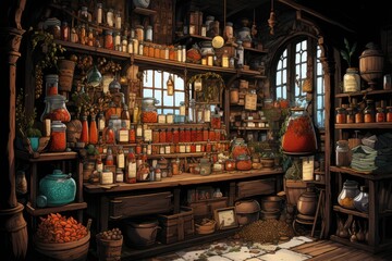 Naklejka premium Illustration of a Colorful Shop Offering a Treasure Trove of Spices