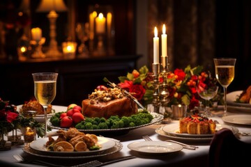 Obraz na płótnie Canvas Candlelit Christmas dinner table with festive dishes