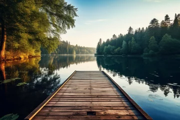 Fototapeten Charming wooden pier extending into a calm lake surrounded by nature © KerXing