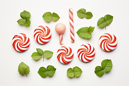Candy canes and peppermint candies arranged in a flatlay style on a white isolated background