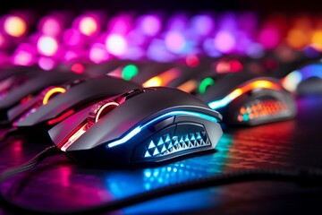 Close ups of RGB lit gaming mouse responding to swift movements - obrazy, fototapety, plakaty