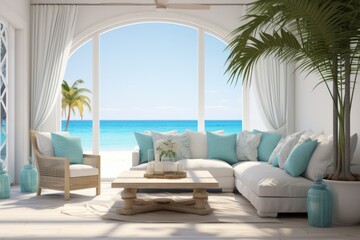 Fototapeta na wymiar Coastal elegance captured in a beach house scene with turquoise waters