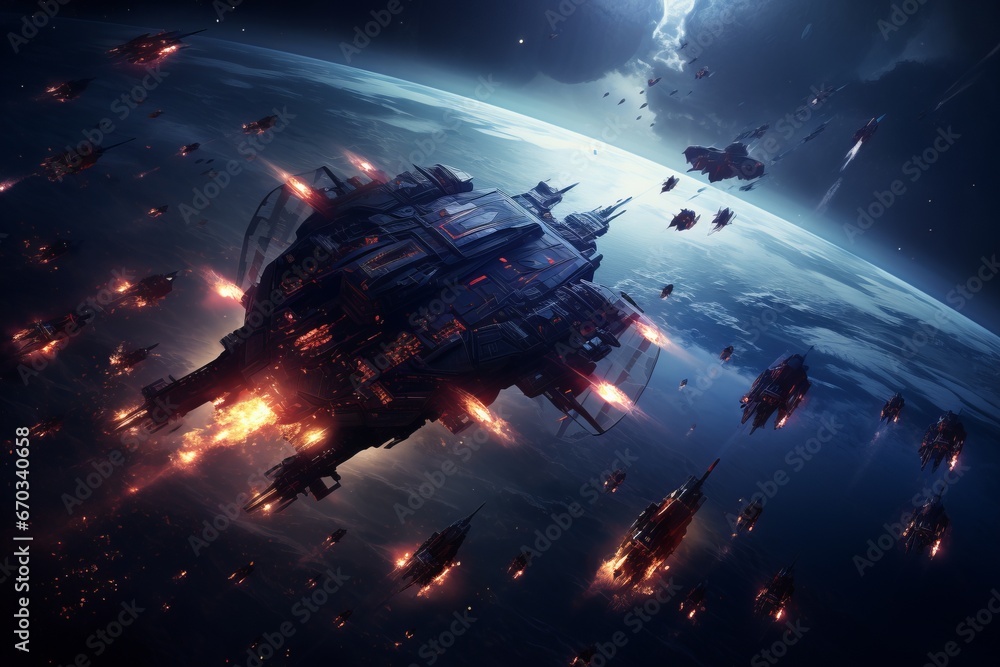 Poster dynamic shot of a gamer's character commanding a fleet of spaceships in a space strategy game