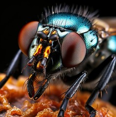 close up of a fly on black background 