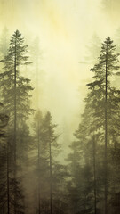 vertical background foggy landscape of autumn forest, panoramic view of taiga, tall trees in the northern fog of autumn