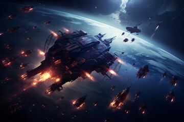 Dynamic shot of a gamer's character commanding a fleet of spaceships in a space strategy game