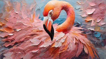 “Fluorite” - oil painting. Conceptual abstract picture of the pink flamingo . Oil painting in colorful colors. Conceptual abstract closeup of an oil painting and palette knife on canvas.