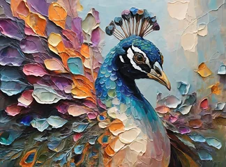 Rolgordijnen “Fluorite” - oil painting. Conceptual abstract picture of the peacock . Oil painting in colorful colors. Conceptual abstract closeup of an oil painting and palette knife on canvas. © Ainur