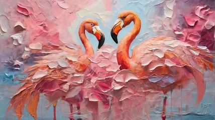 Poster “Fluorite” - oil painting. Conceptual abstract picture of the pink flamingo . Oil painting in colorful colors. Conceptual abstract closeup of an oil painting and palette knife on canvas. © Ainur