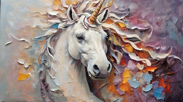 “Fluorite” - oil painting. Conceptual abstract picture of the rainbow unicorn. Oil painting in colorful colors. Conceptual abstract closeup of an oil painting and palette knife on canvas.