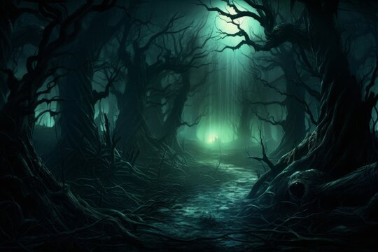 Eerie forest with twisted trees and glowing eyes