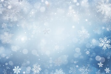 Snowy winter landscape with blue and white snowflakes falling