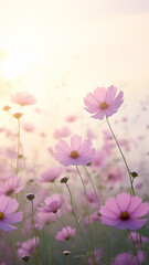vertical background delicate pink flowers, wild field daisies in the morning mist, spring landscape view