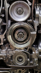 vertical background timing belt, metal parts of the gear of the car engine inside, service inspection