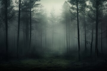 Enigmatic and mysterious wallpaper background with a fog-covered forest - obrazy, fototapety, plakaty