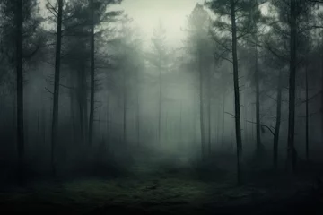 Foto op Aluminium Enigmatic and mysterious wallpaper background with a fog-covered forest © KerXing