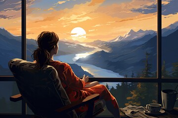 Illustration of a Contented Woman Finding Peace and Joy on her Balcony