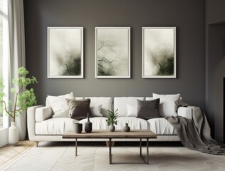 Modern living room with white furniture and three white frames mockup.